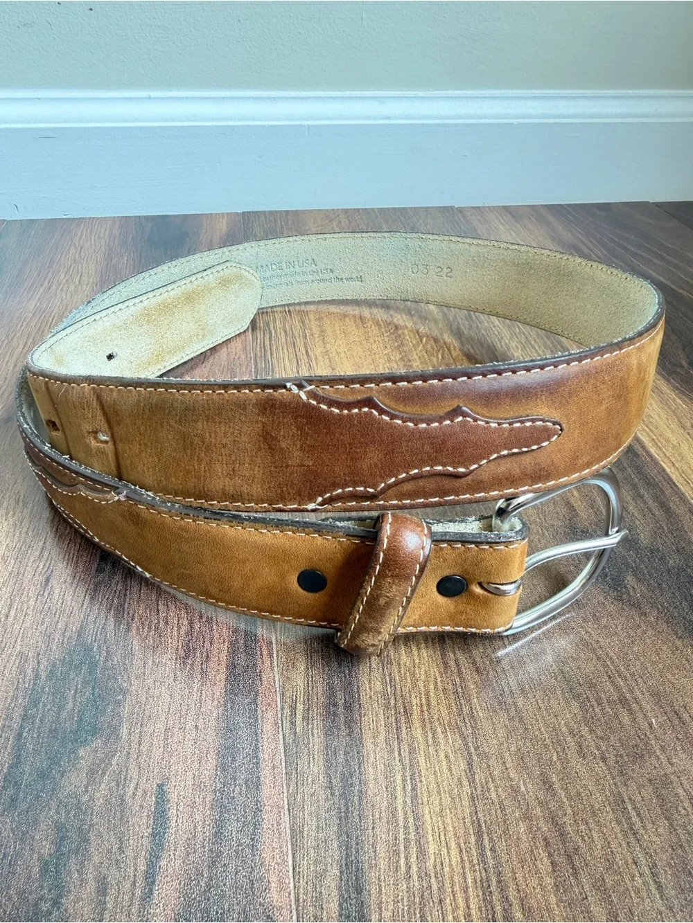 Justin Top Grain Leather Western Belt Size 34 Silver Round Hardware